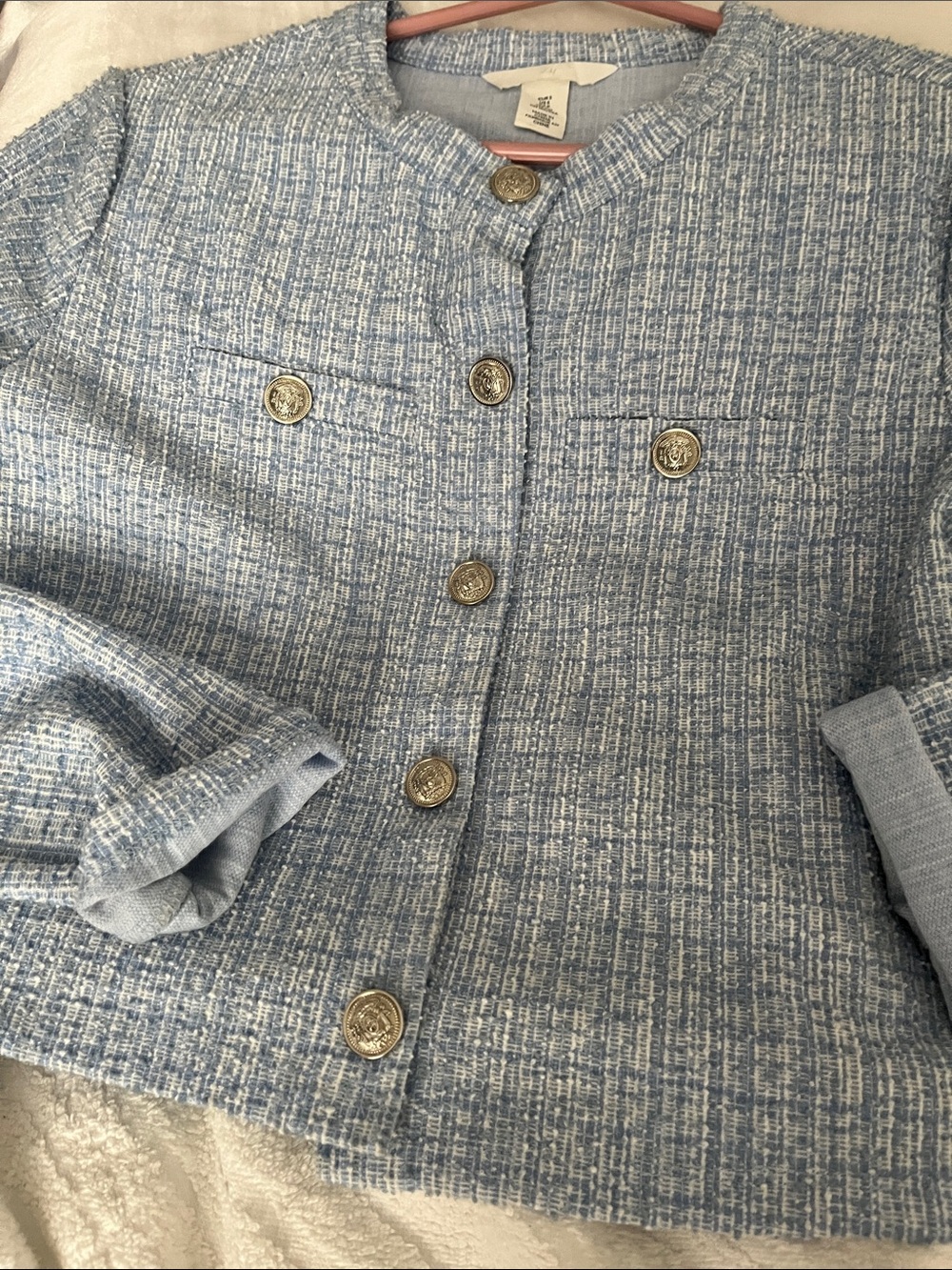 H&M Light Blue Tweed Buttoned Boxy Jacket - Picture 3 of 12